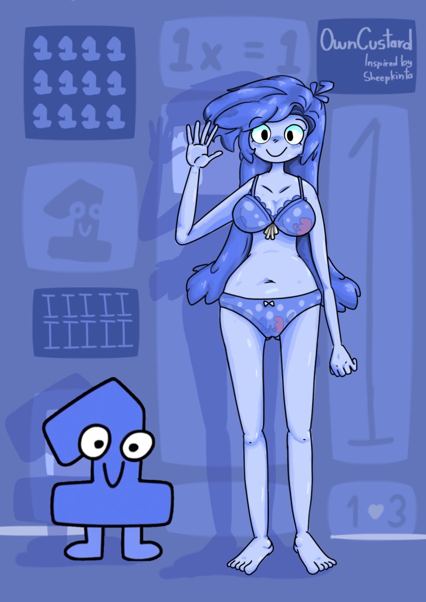 algebralien battle_for_dream_island bfdi big_breasts blue_body blue_hair boobs bra female female_only humanized humanoid object_shows one_(bfdi) own_custard_(artist) panties pattern_underwear the_power_of_two tpot underwear