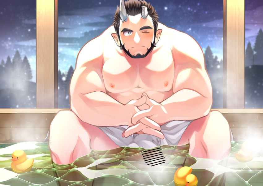 1boy absurdres bar_censor bara beard black_hair blush broken_horn censored demon_boy demon_horns facial_hair full_beard highres horns interlocked_fingers large_pectorals leaning_forward live_a_hero looking_at_viewer male_focus mature_male muscular muscular_male nessen_(live_a_hero) one_eye_closed onsen osu_(osumankokuou) own_hands_together pectorals penis penis_peek short_hair snow soaking_feet solo spread_legs steam thick_eyebrows topless_male towel_around_waist