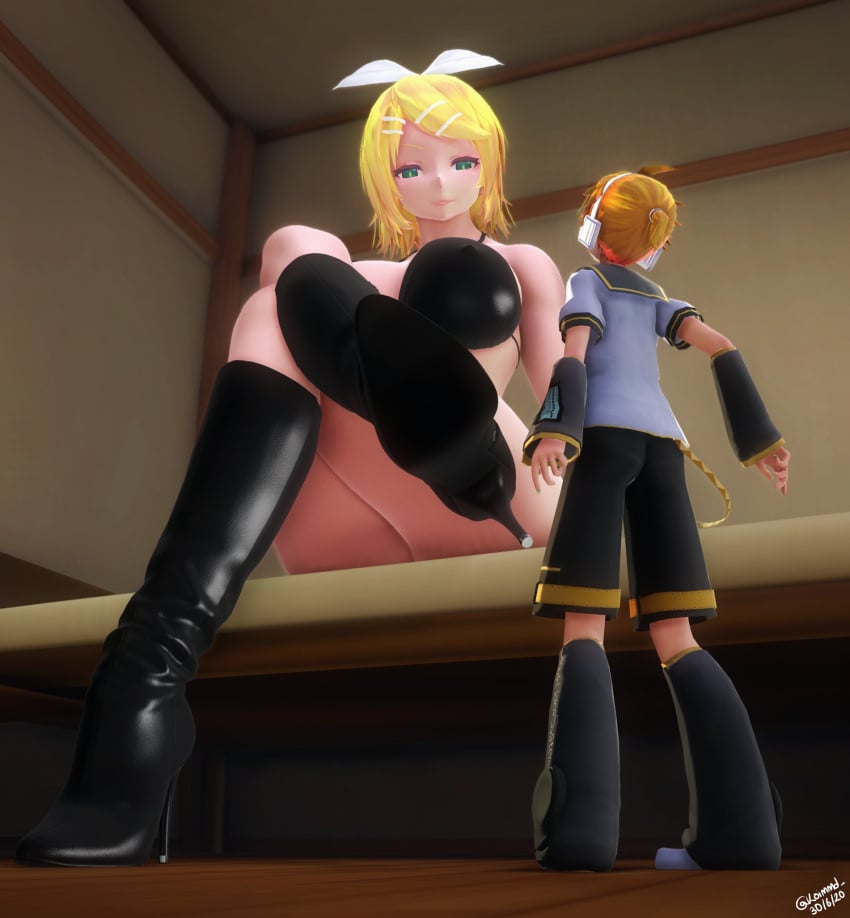 1boy 1girls 2020 3d 3d_(artwork) big_breasts black_heels blonde_female blonde_hair blonde_hair_female blonde_hair_male blonde_male breasts giantess heels height_difference kagamine_len kagamine_rin koimmd larger_female light-skinned_female light-skinned_male light_skin revealing_clothes short_hair shrinking shrunk shrunken_male size_difference smaller_male vocaloid