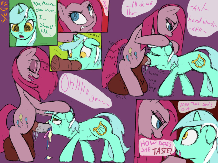 2014 absurd_res animal_genitalia balls big_balls blue_eyes closed_eyes comic cum cum_in_mouth cum_inside cutie_mark death deepthroat dialogue digestion duo earth_pony english_text equine excessive_cum eye_contact fellatio female feral friendship_is_magic fur furry futa_on_female futanari green_fur hair hand_on_head hi_res horn horse horsecock huge_balls inflation intersex intersex_on_female long_hair lyra_heartstrings_(mlp) mammal my_little_pony open_mouth oral penis pink_fur pink_hair pinkamena_(mlp) pinkie_pie_(mlp) pony sex shdingo text twilight_sparkle_(mlp) two_tone_hair unicorn vore what