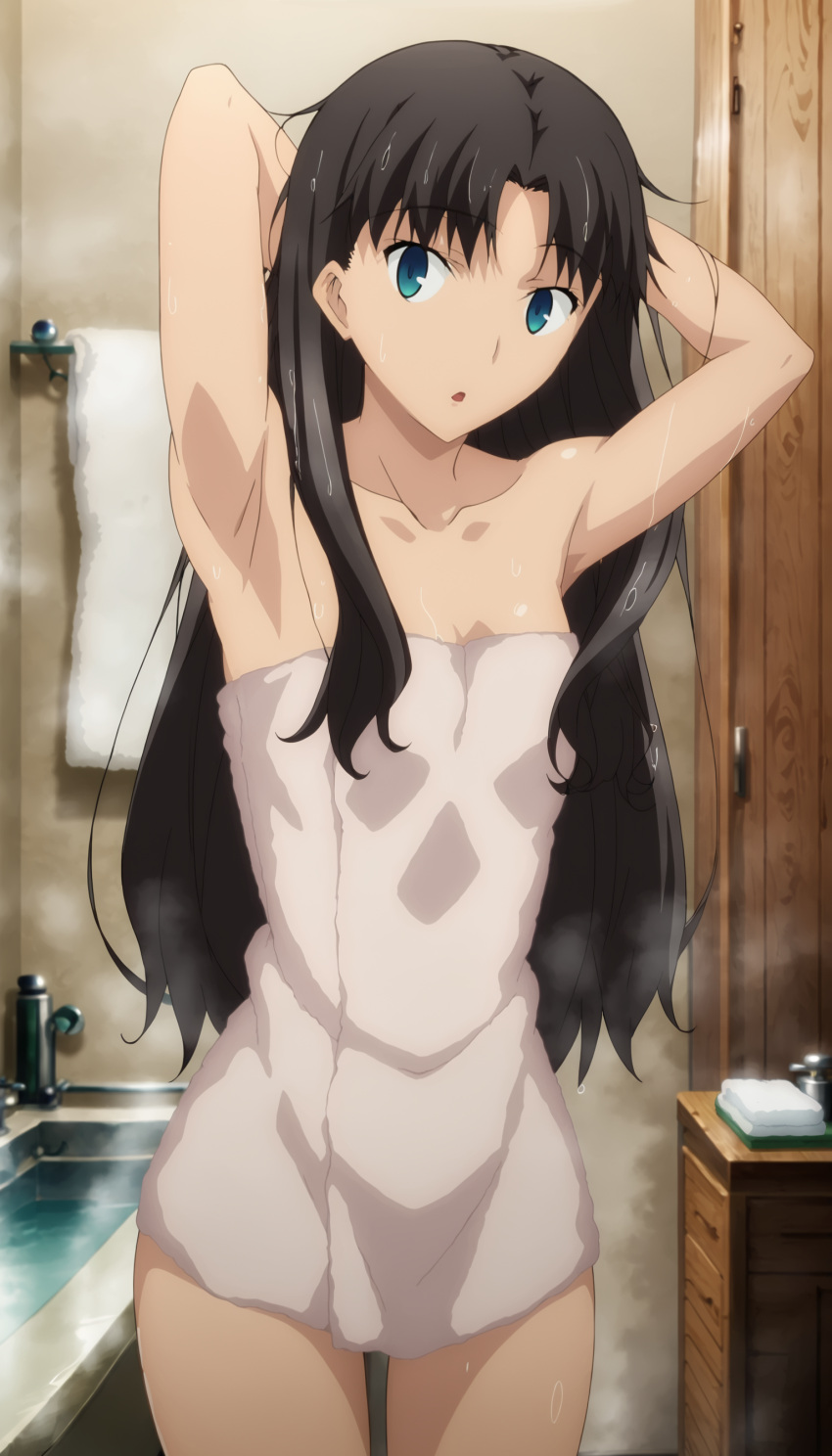 1girls ai_generated bathroom drying fate/stay_night fate_(series) female female_only hair_down human looking_at_viewer solo standing steam surprised surprised_expression tohsaka_rin towel towel_only