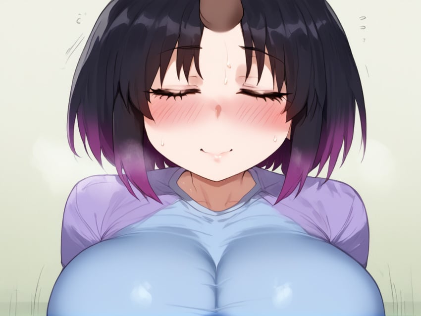 1girls ai_generated big_breasts breasts closed_eyes closed_mouth clothed clothes clothing collarbone elma_(dragon_maid) gigantic_breasts gradient_hair hollowbeak horn huge_breasts incoming_kiss kissing miss_kobayashi's_dragon_maid shiny_hair skintight smile sweat sweatdrop tagme tight_clothes tight_clothing tight_fit