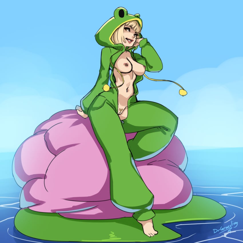 1girls alice_x areolae blonde_hair breasts dr_graevling female female_only frog_suit looking_at_viewer nipples onesie open_clothes pussy smiling smiling_at_viewer solo