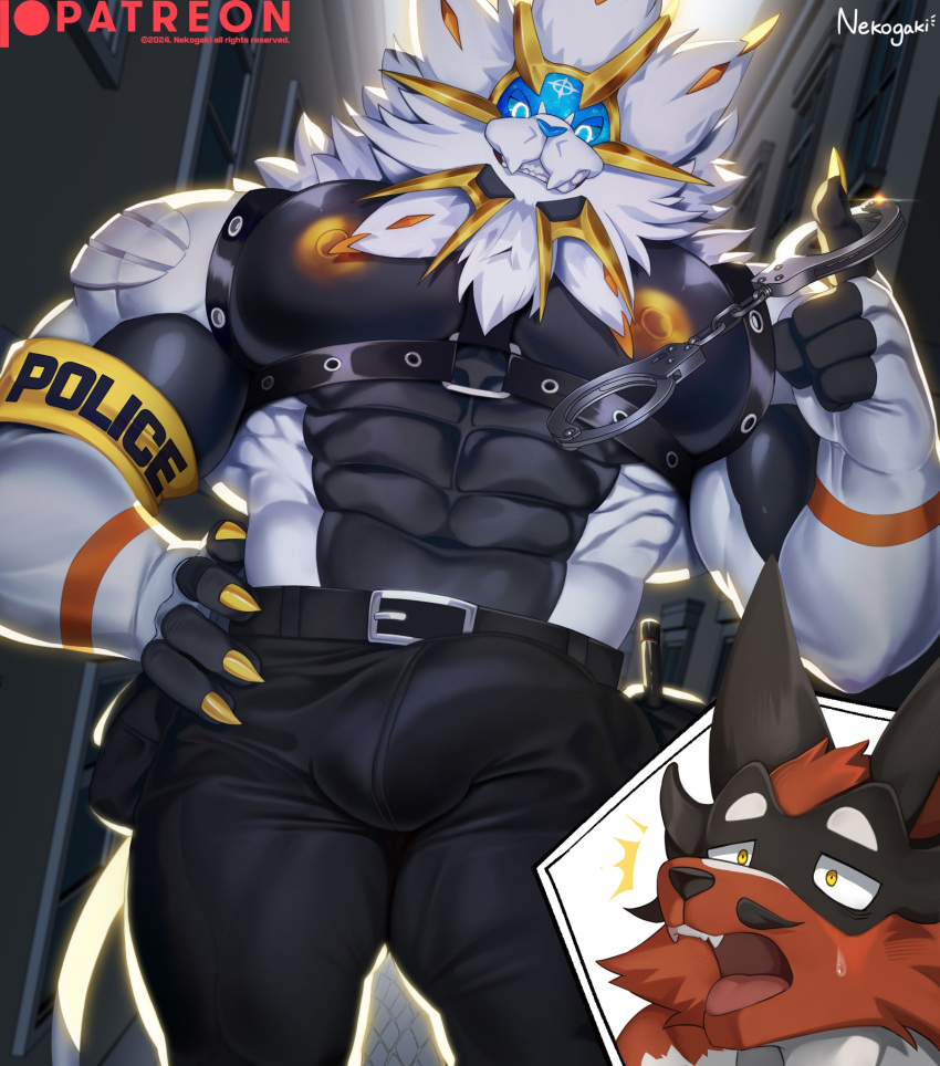 abs alley anthro areola barazoku big_areola big_muscles big_pecs bodily_fluids bulge claws clothing cuff_(restraint) detailed_bulge duo erection fur generation_7_pokemon generation_8_pokemon genitals harness hi_res huge_muscles huge_pecs imminent_sex leather leather_clothing leather_harness leather_topwear legendary_pokemon looking_at_viewer male manly multicolored_body multicolored_fur muscular muscular_anthro muscular_arms muscular_legs muscular_male muscular_thighs nekogaki0324 nintendo nipples pecs penis pokemon pokemon_(species) reaction_shot restraints sharp_teeth smile solgaleo sweat teeth thick_arms thick_penis thick_thighs thievul topwear yellow_nipples