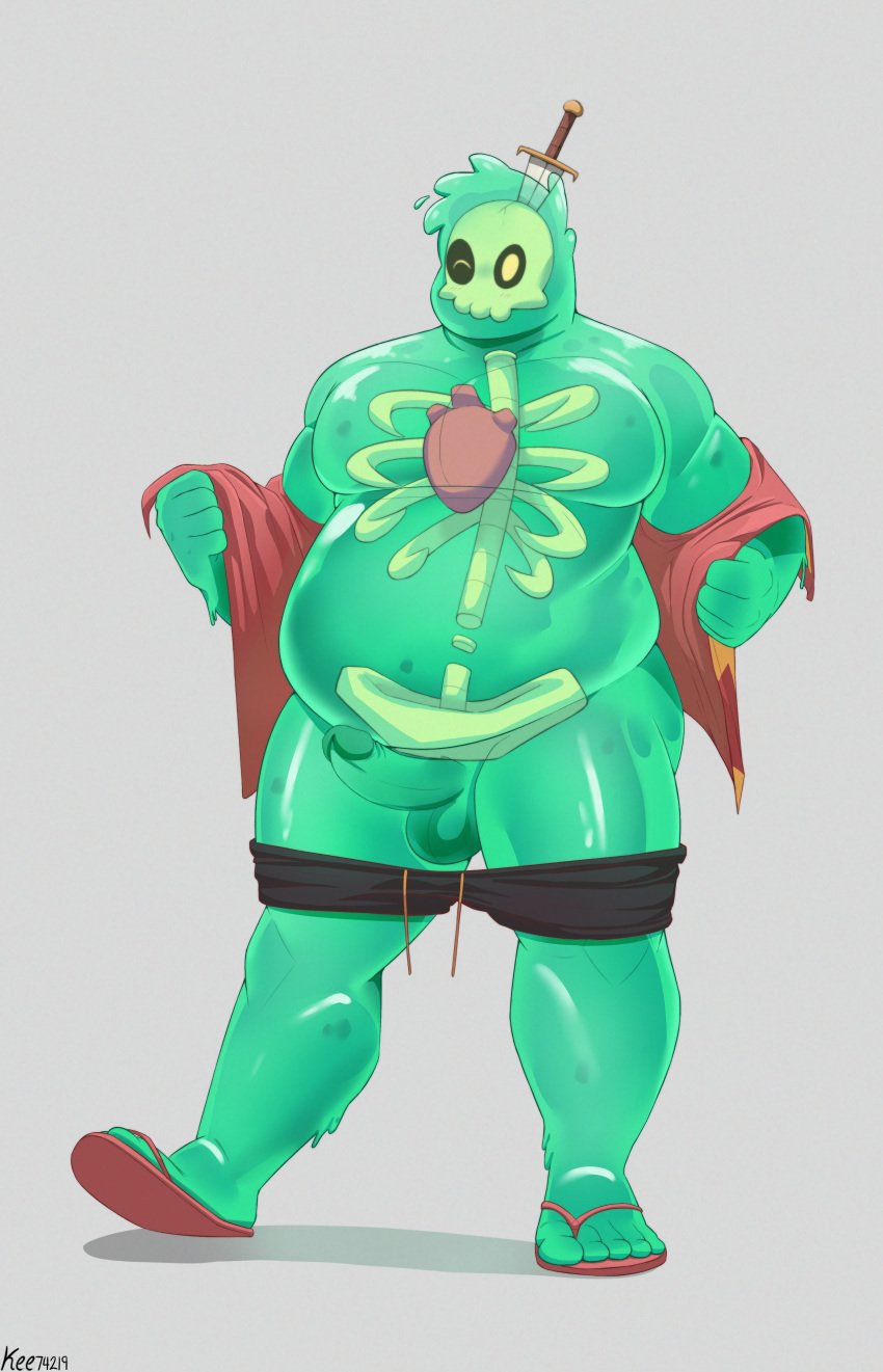 1boy absurdres bara bare_pectorals big_belly black_male_swimwear black_sclera colored_sclera colored_skin doug_(monster_prom) erection fat fat_man green_skin hawaiian_shirt highres kee74219 looking_at_viewer male_focus male_only male_swimwear male_swimwear_pull monster_boy monster_prom no_male_underwear object_through_head one_eye_closed open_clothes open_shirt pectorals penis seductive_smile see-through shirt shirt_partially_removed short_shorts shorts slime_boy slippers smile solo standing sword_in_head tareme uncensored undressing