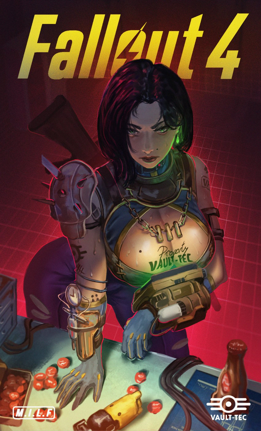 absurdres arm_tattoo armor black_hair blue_gloves blue_jumpsuit boob_window bottle_cap breast_tattoo breasts cleavage cleavage_cutout clothing_cutout copyright_name earrings fallout_(series) fallout_4 female gloves glowing glowing_earrings green_eyes gun highres huge_breasts jewelry jumpsuit logo long_hair mole mole_on_breast mole_on_cheek necklace nuka_cola pauldrons pip_boy sentron short_hair shoulder_armor single_pauldron solo spiked_pauldrons sweat tattoo vault_suit weapon weapon_on_back