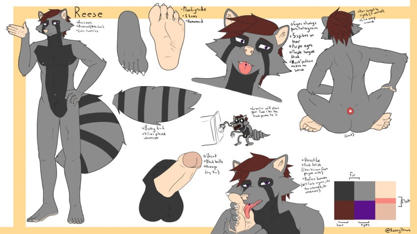 5_fingers 5_toes anthro appliance arm_tuft ass athletic back_muscles balls bedroom_eyes big_tail biped black_balls black_body black_fur brown_hair cheek_tuft claws colored crossed_legs crotch_tuft curling_toes detailed digital_drawing_(artwork) digital_media_(artwork) elbow_tuft english_text erection facial_markings facial_tuft fangs featureless_crotch feet finger_claws fingers flat_colors fluffy fluffy_tail foot_fetish foot_grab foot_lick foot_play foreskin fridge full_foot_pawpads full_pad fur genitals glance hair hand_on_hip head_markings holding_own_foot humanoid_feet humanoid_genitalia humanoid_hands humanoid_penis kitchen_appliance licking looking_at_viewer male mammal markings mask_(marking) model_sheet multicolored_body multicolored_fur narrowed_eyes navel nipples nude open_mouth pawpads pecs penis pink_navel pink_nipples pink_nose pink_pawpads pink_penis pink_soles pinup plantigrade pose procyonid purple_eyes raccoon raised_foot rear_view reese_(rosarydraws) ring_(marking) ringed_tail rosarydraws seductive shoulder_tuft signature simple_background sitting soles solo spine standing striped_markings striped_tail stripes tail tail_markings tailless teeth text toe_claws toes tongue tongue_out tuft two_tone_body two_tone_feet two_tone_fur two_tone_hands vein veiny_penis white_background white_sclera wrinkled_feet wrinkles