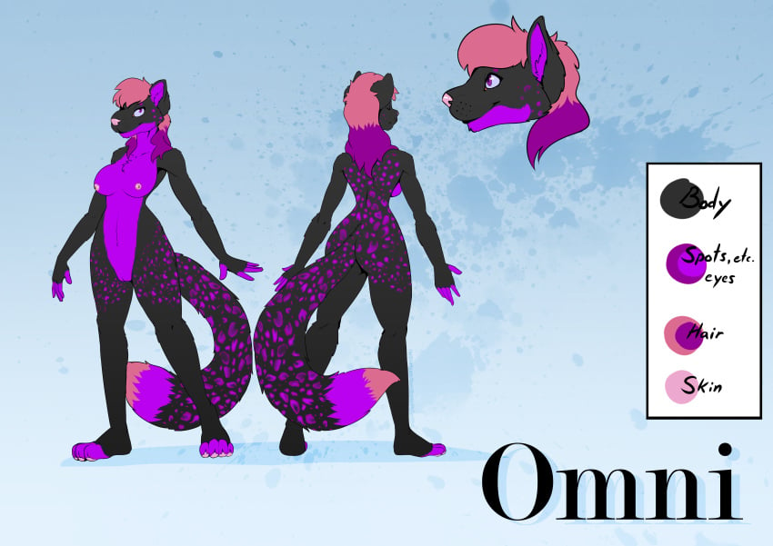 4_toes acethebigbadwolf anthro ass breasts chest_tuft color feline female fur leopard long_tail mammal model_sheet nipples omni_(character) purple_eyes purple_markings pussy smile snow_leopard spots standing toes tuft