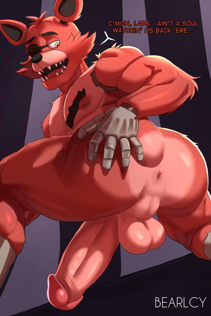 anthro anthro_only anus ass ass_focus balls bearlcy broken erected_penis erection eyebrows eyepatch fangs five_nights_at_freddy's fnaf foxy_(fnaf) furry furry_only male male_only metal_hand muscular muscular_male nipples penis red_fur signature simple_background solo solo_anthro solo_male spreading_cheeks spreading_own_ass testicles text yellow_eyes