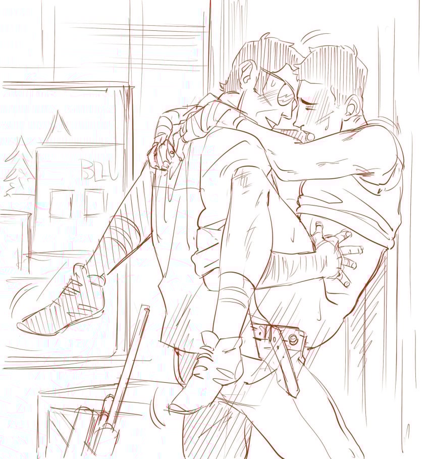 against_wall anal anal_sex bottomless gay held_up looking_pleasured lucdial male male_only open_mouth pants_open public_sex scout_(team_fortress_2) sniper_(team_fortress_2) team_fortress_2 tf2 yaoi