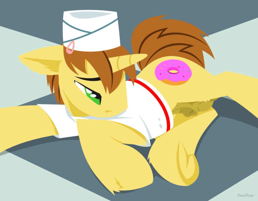 2014 animal_genitalia balls brown_hair cutie_mark donut_joe_(mlp) equine feral flaccid friendship_is_magic fur green_eyes hair hat horn horsecock hoverrover lying male mammal my_little_pony on_side penis sheath solo unicorn uniform yellow_fur