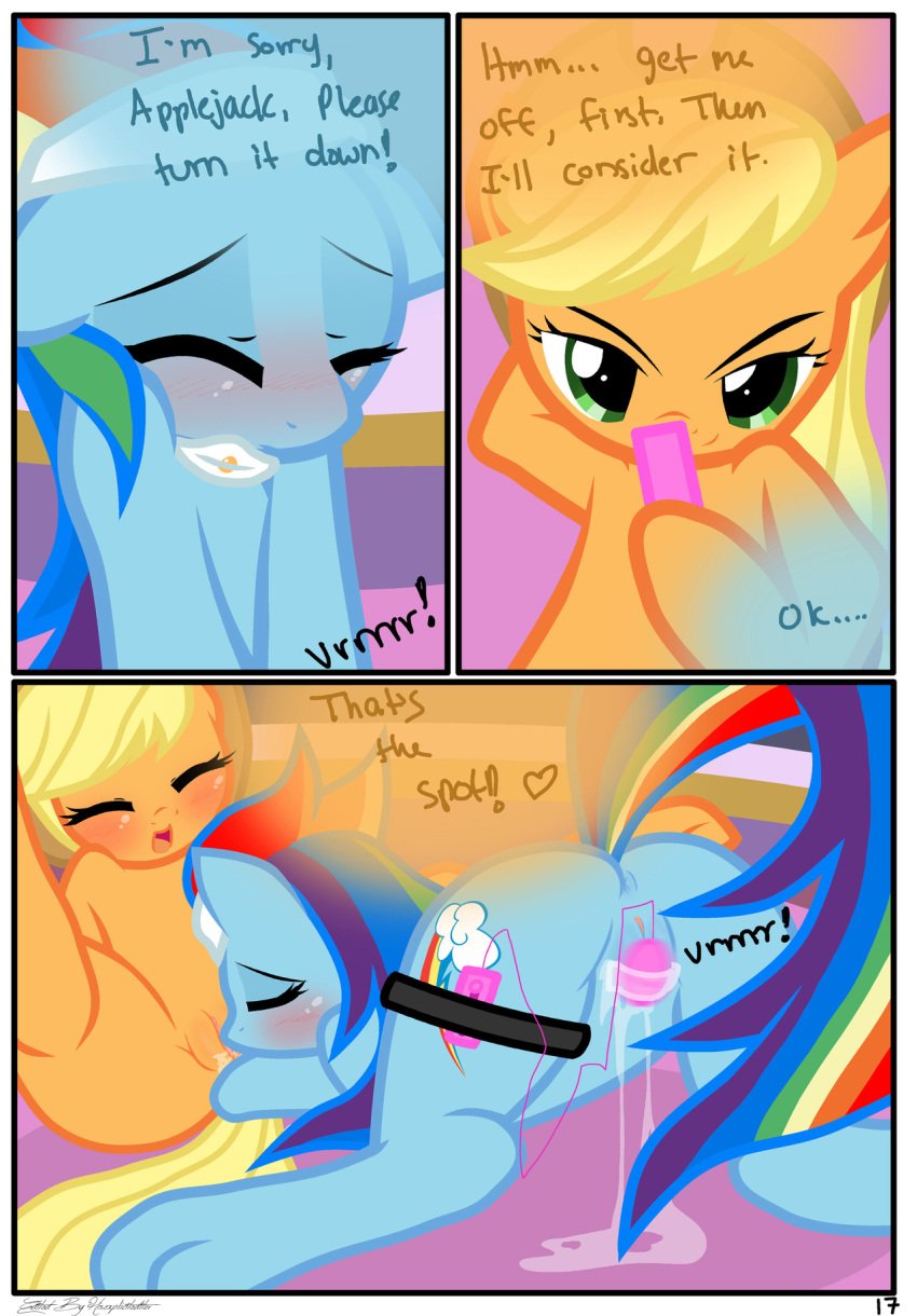 2girls anus applejack_(mlp) blonde_hair blue_fur blush closed_eyes comic cowboy_hat cunnilingus cutie_mark dialogue drooling duo edit english_text equine female female_only feral friendship_is_magic fur green_eyes hair hat hisexpliciteditor horse lying mammal multicolored_hair my_little_pony nude on_front oral orgasm pegasus pony pussy pussy_juice pyruvate rainbow_dash_(mlp) rainbow_hair saliva sex sex_toy text vaginal_penetration vibrator wings yuri