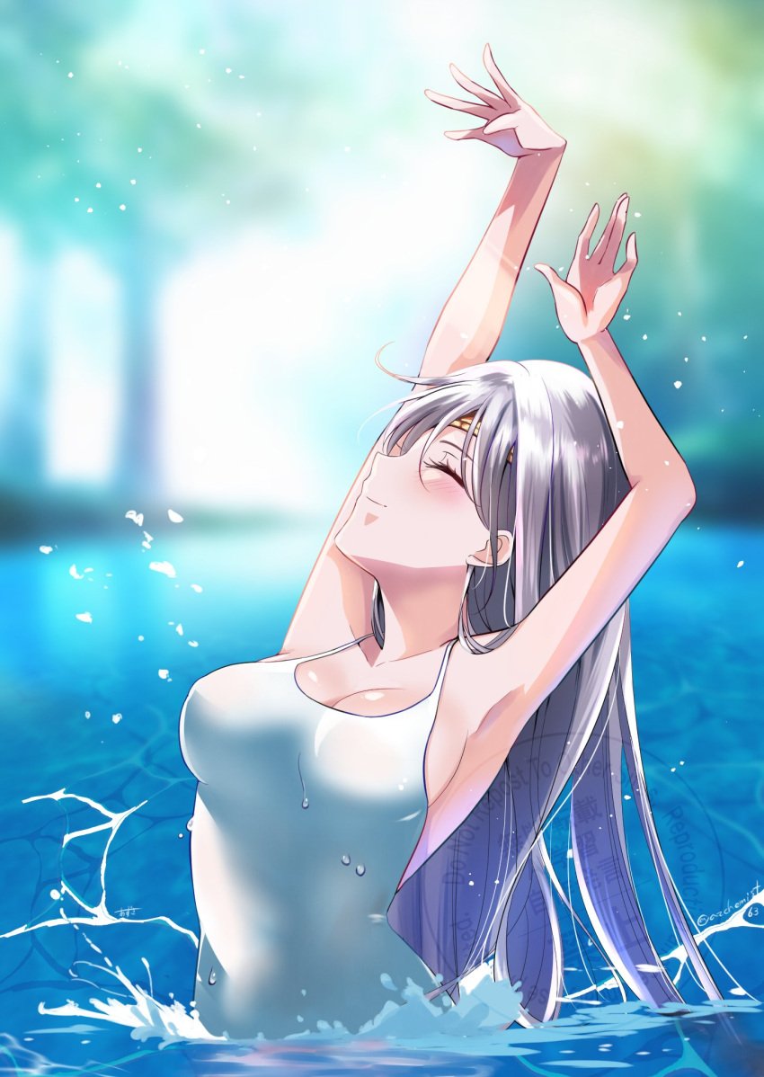 alluring arms_up azusa_(azchemist63) cleavage closed_eyes female fire_emblem fire_emblem:_genealogy_of_the_holy_war forest head_back high_res intelligent_systems julia_(fire_emblem) lake long_hair milf nature nintendo one-piece_swimsuit partially_submerged purple_hair sideboob smile swimsuit water white_one-piece_bikini