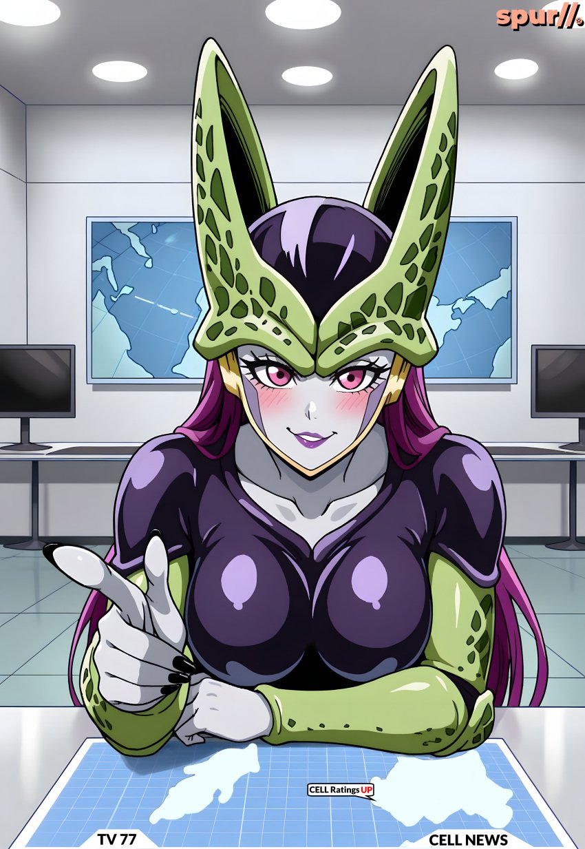ai_generated big_breasts bio-android_(dragon_ball) black_nails breasts cell_(dragon_ball) dragon_ball dragon_ball_z eyelashes female female_cell genderswap_(mtf) grey_skin happy lipstick map nail_polish nails news news_report news_reporter perfect_cell perfect_fem-cell pink_eyes pointing_at_viewer purple_hair purple_lips rule_63 smile spur//.