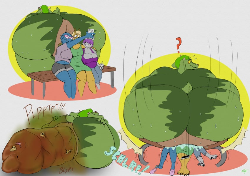 accidental_vore after_vore ambiguous_gender anal anal_vore anthro anus ass belly bench big_butt bodily_fluids bone bones_in_feces bovid canid canine canis caprine clothing comic death digital_drawing_(artwork) digital_media_(artwork) disposal english_text fatal_vore feces female fox fur goat green_filth group hair hi_res huge_butt mammal nude overweight partially_inside penetration reptile scalie scat selfie simple_background sitting size_difference skull smile tail text trio vore wolf