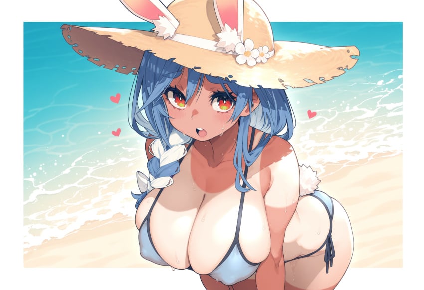 1girl ai_generated ass beach bikini cleavage covered_nipples female heart hololive hot huge_breasts pekomama rabbit_ears rabbit_tail sun_hat sweat tan virtual_youtuber water