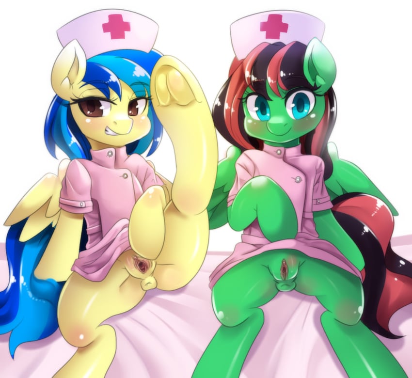 anthro anus bedroom_eyes blue_eyes blue_hair blush brown_eyes clitoris clothing duo equine fan_character feathers female freedomthai fur green_fur green_skin hair hi_res hooves long_hair looking_at_viewer mammal my_little_pony nurse nurse_uniform pegasus presenting pussy raised_leg silvia_windmane smile spread_legs spread_pussy spreading two_tone_hair wings yellow_skin