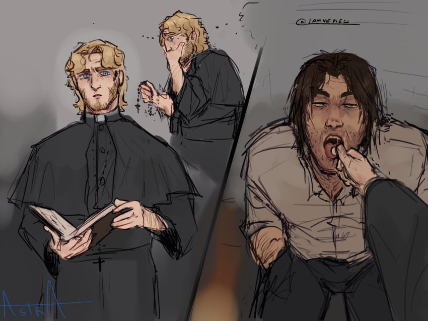 2boys 2male blonde_hair_male brown_hair covering_mouth curly_(mouthwashing) fantasizing gay half-closed_eyes hands_in_pockets jimmy_(mouthwashing) kneeling_on_ground lamnotpie looking_up male mouthwashing open_mouth prayer_beads priest religious_clothing thought_bubble tongue_out yaoi