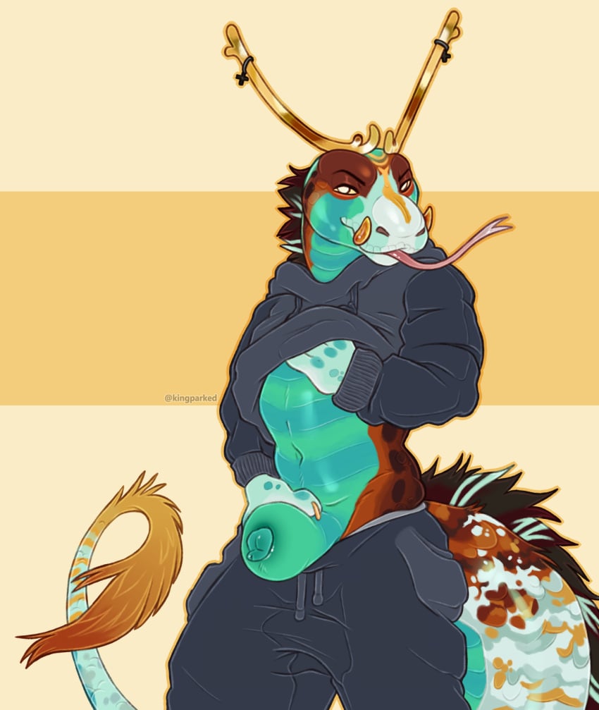 animal_genitalia anthro antlers big_sheath clothing dragon eastern_dragon forked_tongue genitals green_body hi_res horn hybrid kingparked male mythological_creature mythological_scalie mythology penis presenting presenting_penis reptile scalie sheath snake solo tail theorinth tongue tusks