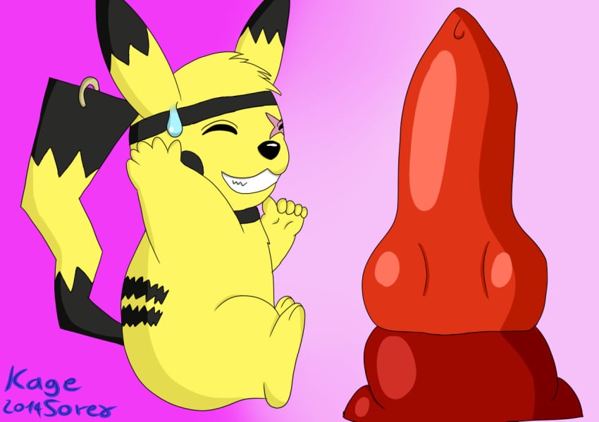 2014 anthro black_markings dildo fur headband kagesorex knot male mammal markings negachu nervous nintendo piercing pikachu pokemon purple_background rodent sex_toy sitting smile toy video_games