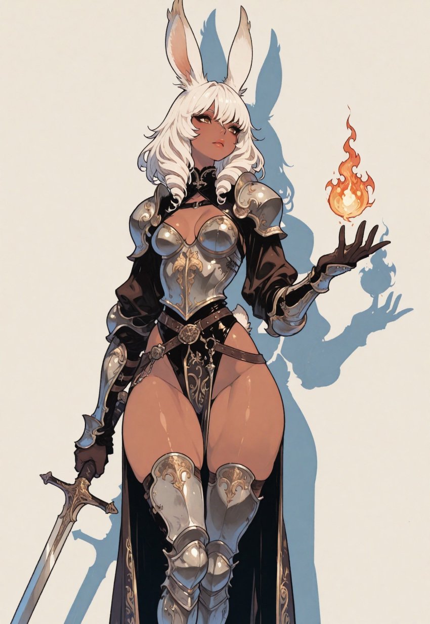ai_generated armor armored_boots armored_female armored_gloves bare_thighs belt belt_buckle boob_window breast_plate bunny_ears bunny_tail casting_spell civitai czero2011 dark-skinned_female dark_skin digital_media_(artwork) drill_hair embroidery engraving fantasy female female_only final_fantasy final_fantasy_tactics fireball flames gold_eyes greaves hair_between_eyes holding_weapon long_sleeves muscular muscular_thighs original_character pauldrons pelvic_curtain plump_lips rabbit_ears rabbit_girl rabbit_tail red_mage shadow shoulder_length_hair side_bangs simple_background skinny_female skirt small_breasts solo solo_female sword thick_thighs toned_female viera white_hair wide_hips