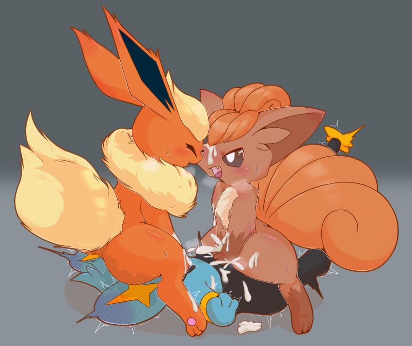 absurd_res eeveelution female feral flareon generation_1_pokemon generation_4_pokemon group hi_res male male/female nintendo oshiri_hakase pokemon pokemon_(species) shinx trio vulpix