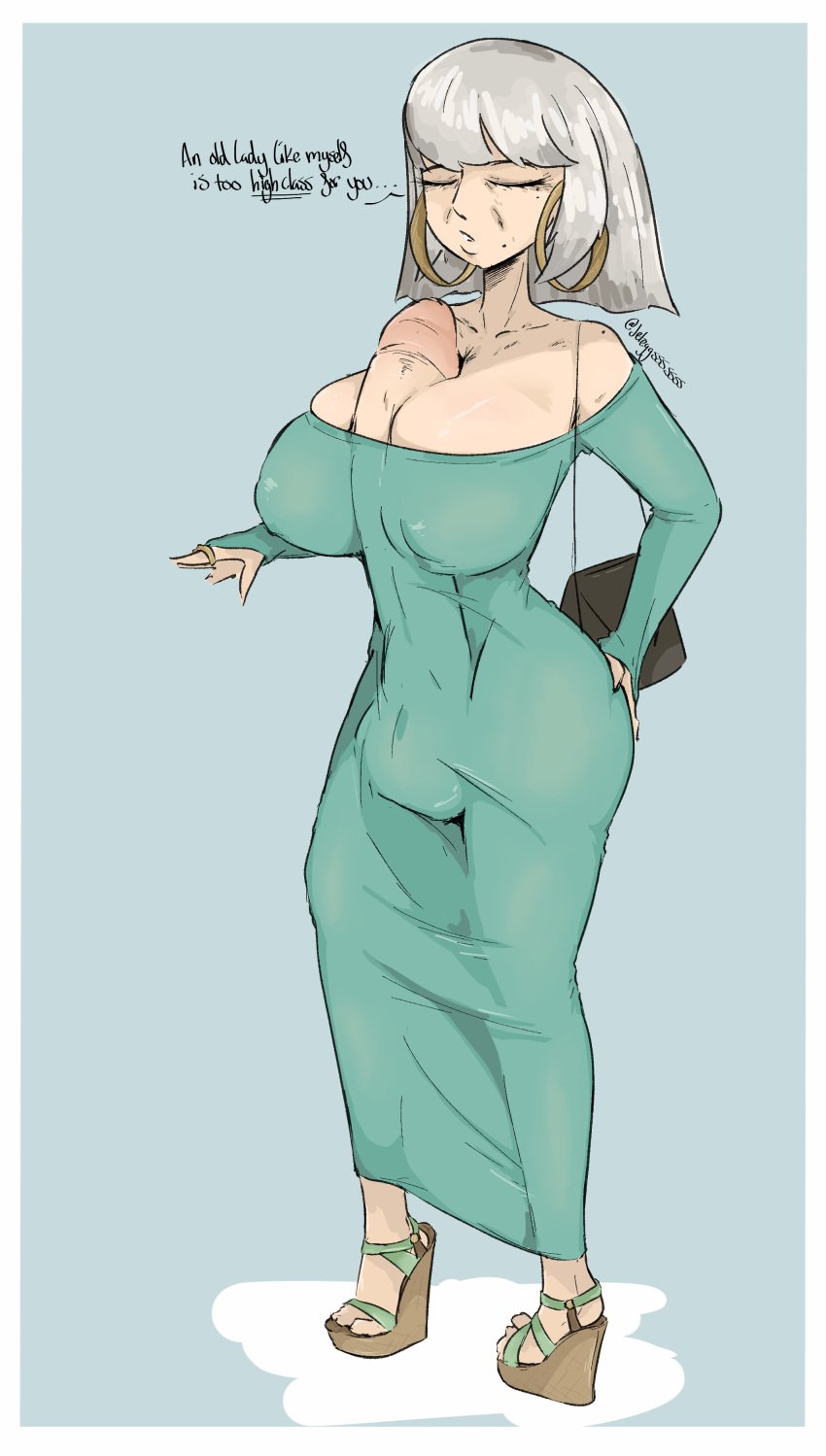 1girls bag beauty_mark big_breasts bulge bulge_through_clothing closed_eyes dress erection_under_clothes female full-package_futa full-package_futanari futa_only futanari gilf granny grey_hair handbag heels huge_balls huge_cock jeteggs jewelry large_breasts large_penis long_dress mole old_lady older_female original original_character rich_girl ring solo solo_female solo_focus tight_clothing tight_dress wedge_heels wrinkled_skin wrinkles