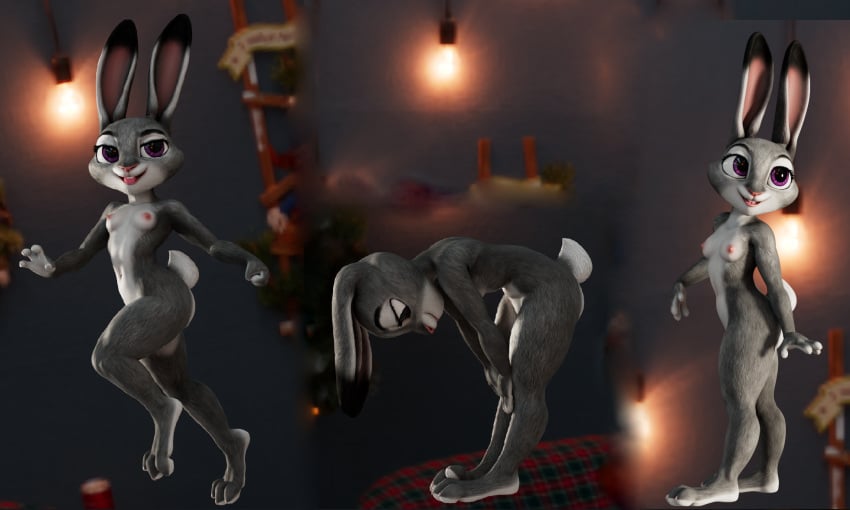 3d 5:3 anthro athletic breasts digital_media_(artwork) disney female fur grey_body grey_fur hi_res judy_hopps lagomorph leporid mammal multicolored_body navel nipples nude pink_nipples purple_eyes rabbit simple_background solo_focus thirteeenth two_tone_body zootopia