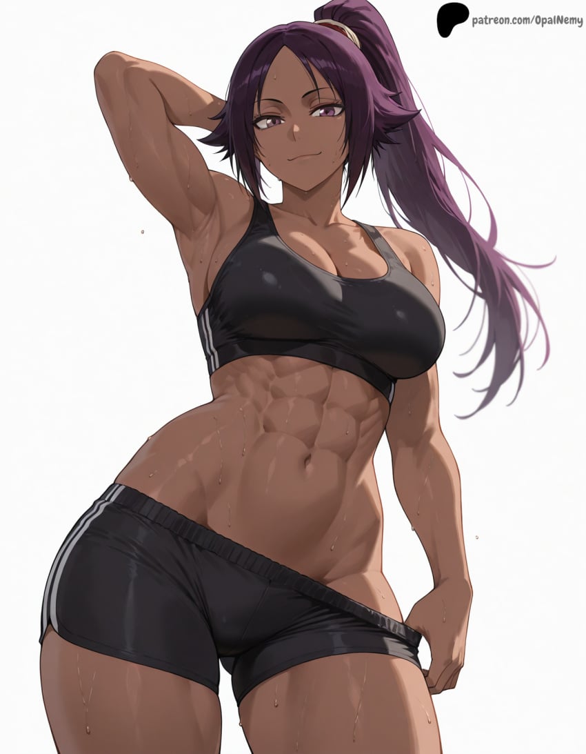 1girls ai_generated arm_up arms_behind_head bangs biceps black_shorts bleach bleach:_the_thousand-year_blood_war breasts crop_top curvy dark-skinned_female dark_skin female gym_shorts gym_uniform hair_tie hi_res high_quality high_resolution highres huge_breasts large_breasts legs light_smile lips long_hair looking_at_viewer midriff muscular muscular_female navel nose opal_nemy patreon patreon_logo patreon_username plain_background ponytail purple_eyes purple_hair self_upload shadow shihouin_yoruichi shihouin_yoruichi shorts simple_background smile sports_bra standing sweat sweatdrop thick_thighs thighs undressing watermark white_background wide_hips