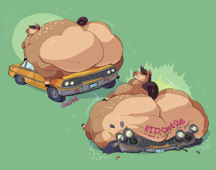 1boy anthro ass black_hair blue_eyes brown_fur car car_crush cayde_(ns22_highwater) cellulite crushing_car equine flat_tire furry gulpspooky hips horse hyper hyper_ass large_ass male male_focus male_only on_top_of_car overweight overweight_male spotted_fur thick_thighs thighs tire wide_hips