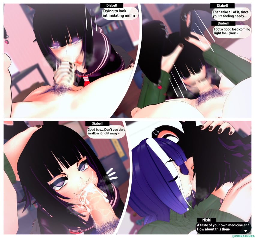 1boy 1futa 1girls 3d apul_pai artist_name black_hair black_lipstick blowjob bunny_boy bunny_ears cum_in_mouth curvaceous curvaceous_ass curvaceous_body curvaceous_figure curvaceous_hips curvaceous_thighs curves curvy curvy_ass curvy_body curvy_figure curvy_hips curvy_thighs deepthroat dialogue dialogue_box ejaculation fellatio femboy freckles futa_on_male futanari handjob_while_penetrating intersex koikashura light-skinned_futanari light-skinned_male light_skin lipstick nishikomiya original_character original_characters pink_eyes pubes_on_face pubic_hair pubic_hair_on_face purple_eyes purple_hair self_upload sex speech_bubble tagme twitter twitter_link twitter_username two_tone_hair watermark