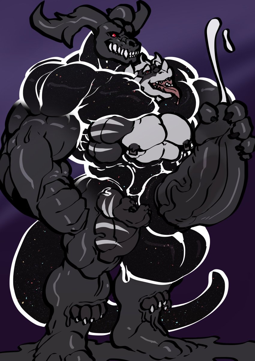 absorption absorption_vore anthro balls big_balls big_penis cock cum demon dick dragon furry gay goo_creature homosexual horn male male/male male_only markings merging muscles muscular muscular_male nipple_piercing nipple_rings penis reptile semen sharp_teeth skull slime stripes tail testicles tongue tongue_out trencalos vein