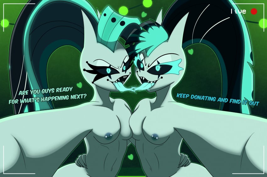 1:1 2demons 2girls absurd_res black_sclera blue_eyes blue_hair blue_skin blue_tongue breast_to_breast breasts camera_view demon demon_girl demon_horns demoness demons dialogue female female_focus female_only glam_(helluva_boss) glam_sisters_(helluva_boss) glitz_(helluva_boss) green_hair helluva_boss highres imminent_kiss imminent_sex incest livestream looking_at_viewer nipple_piercing nipples sibling_(lore) sibling_incest siblings sister_(lore) sister_and_sister sisters small_breasts streaming tongue tongue_kiss tongue_out twincest yuri zancu