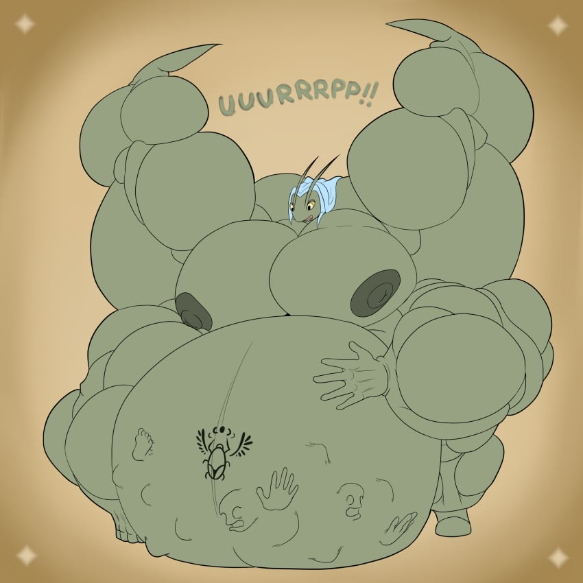 1:1 absurd_res anthro arthropod ayumu_(mantid) belly burping hair hi_res insects limbs male mantis musclegut muscular nipples pecs soft_vore solo vore wolfgerlion64