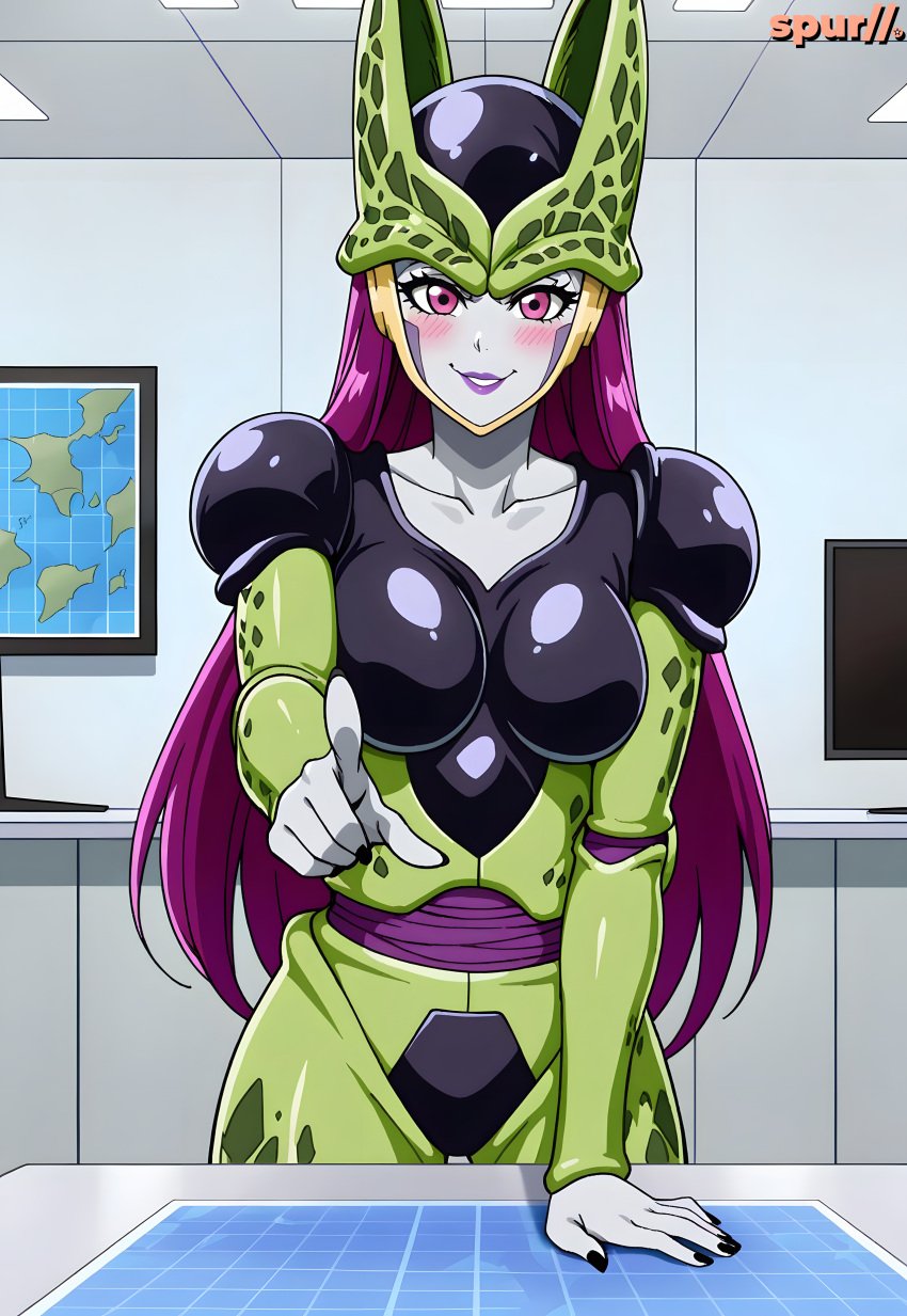 ai_generated big_breasts bio-android_(dragon_ball) black_nails breasts cell_(dragon_ball) dragon_ball dragon_ball_z eyelashes female female_cell genderswap_(mtf) grey_skin happy lipstick map nail_polish nails perfect_cell perfect_fem-cell pink_eyes pointing_at_viewer purple_hair purple_lips rule_63 smile spur//.