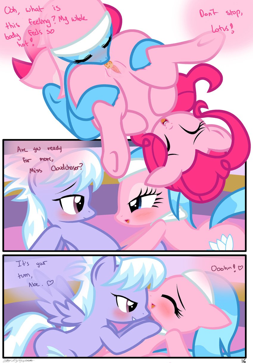 4girls aloe_(mlp) cloud_chaser_(mlp) comic cutie_mark dialogue earth_pony edit equine female female_only feral friendship_is_magic gaping gaping_pussy heart hi_res hisexpliciteditor horse licking lotus_blossom mammal my_little_pony oral pegasus pinkie_pie_(mlp) pony pussy pyruvate sex text tongue tongue_out vaginal_penetration wings yuri