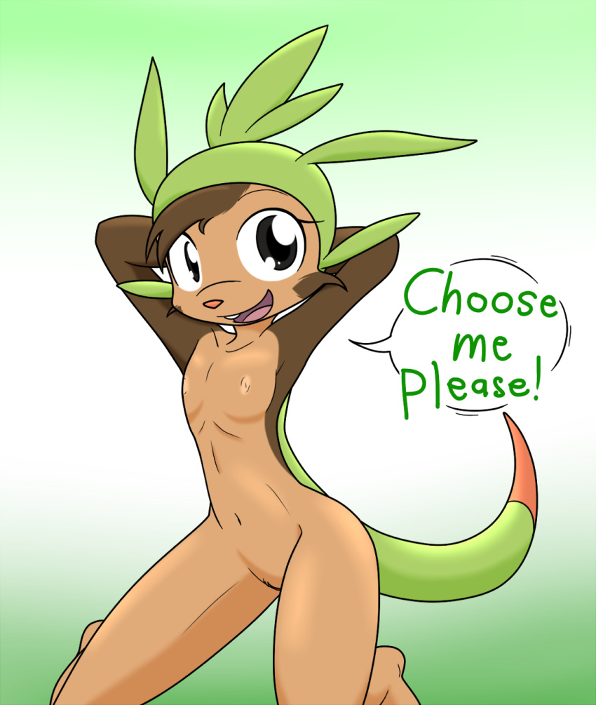 1girl anthro areola armpits brown_fur chespin dialogue eyelashes female flat_chested fur grey_eyes hands_behind_head kneeling looking_at_viewer navel nintendo nipples open_mouth pokemon simple_background slim smile solo teeth text theoretical-chaos tongue video_games