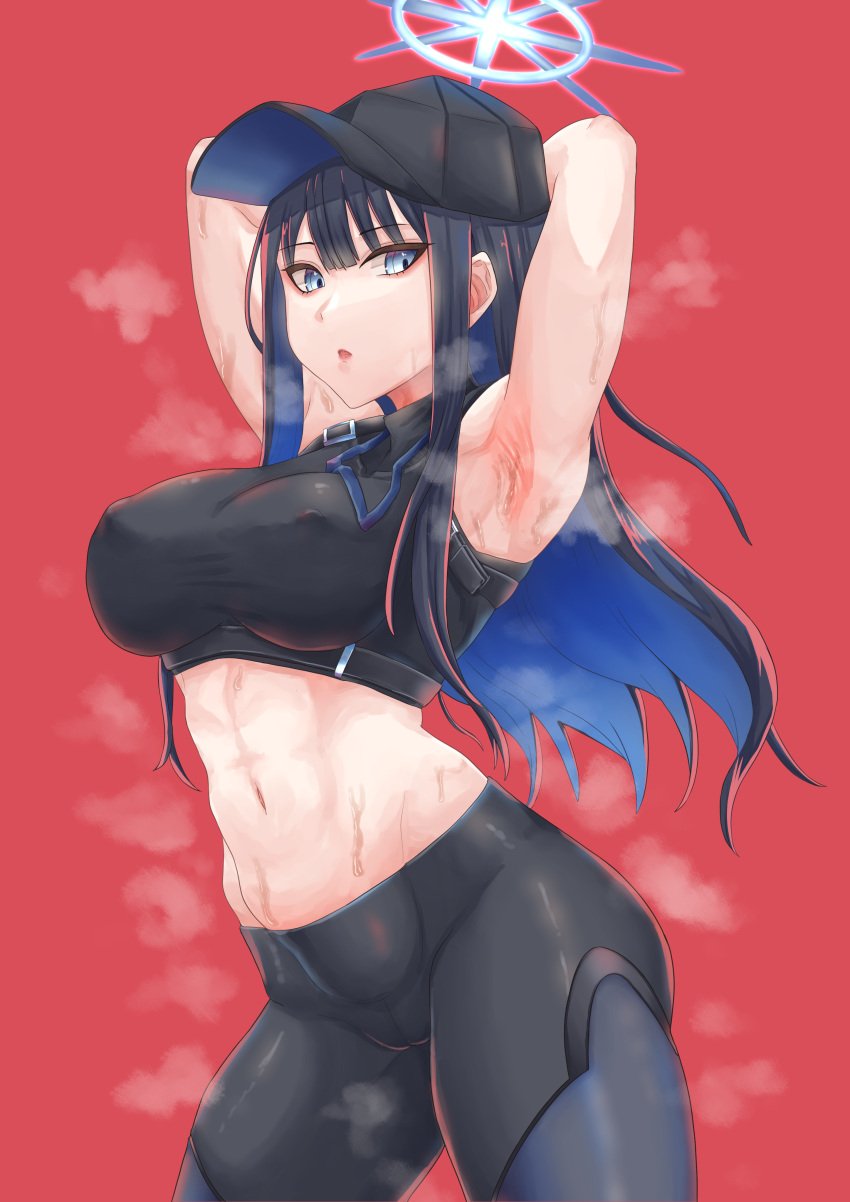 1girls armpits arms_behind_head baseball_cap big_breasts blue_archive blue_eyes blue_hair breasts busty cameltoe covered_nipples erect_nipples_under_clothes female female_only halo hat highres large_breasts legs long_hair looking_at_viewer lucienroseta midriff navel pants parted_lips pink_lips saori_(blue_archive) sexy sexy_armpits sexy_pose smell solo sweat thighs toned tongue voluptuous