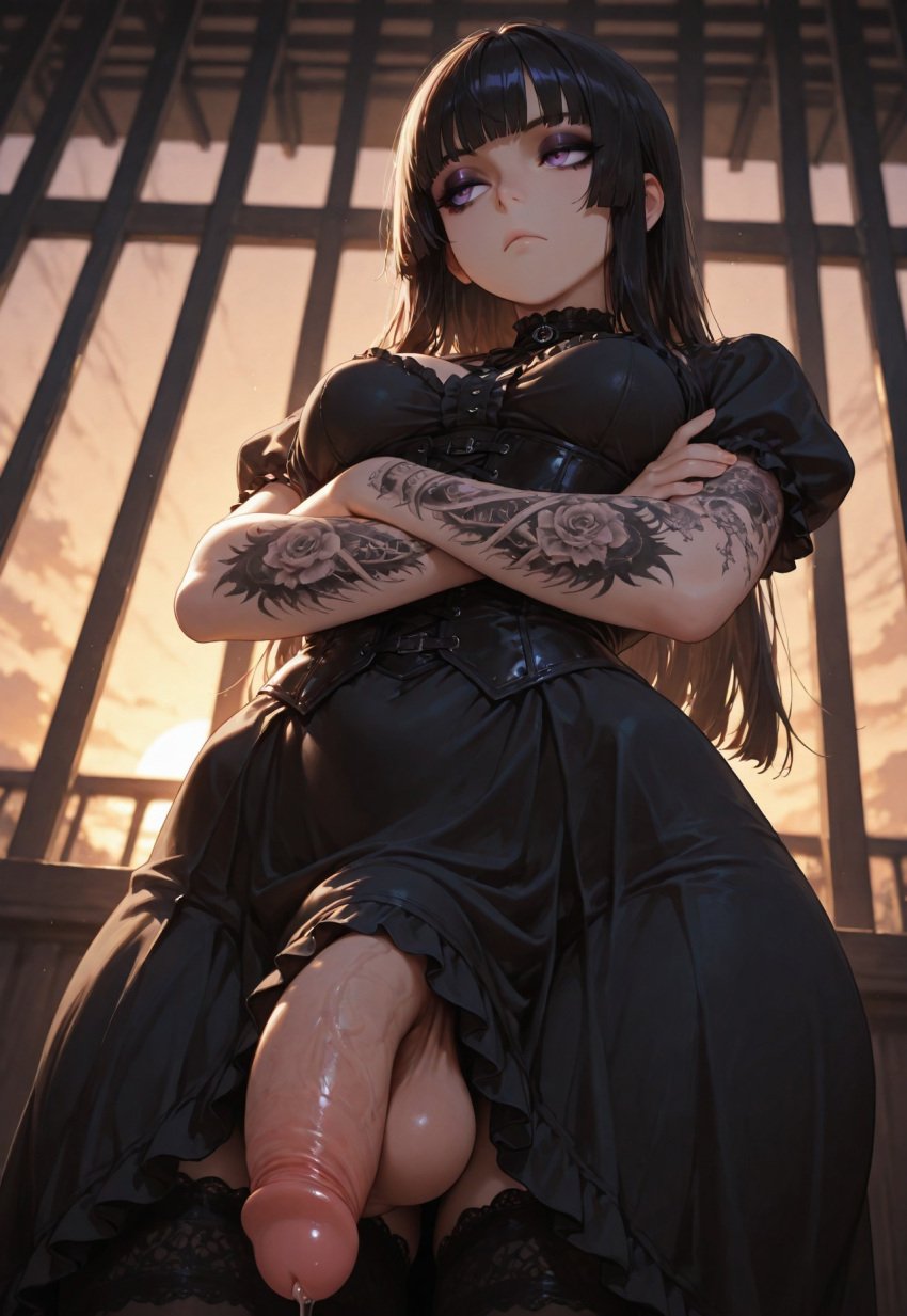 1futa ai_generated balls big_penis black_dress black_hair blunt_bangs bored dress flaccid from_below futa_only futanari goth goth_futa goth_girl_(jamesbron) intersex jamesbron large_penis legwear long_hair looking_away low-angle_view medium_breasts no_panties penis penis_focus precum purple_eyes solo solo_futa standing stockings taker_pov tattoo tattoos thighhighs thighs veiny_penis waiting wide_hips