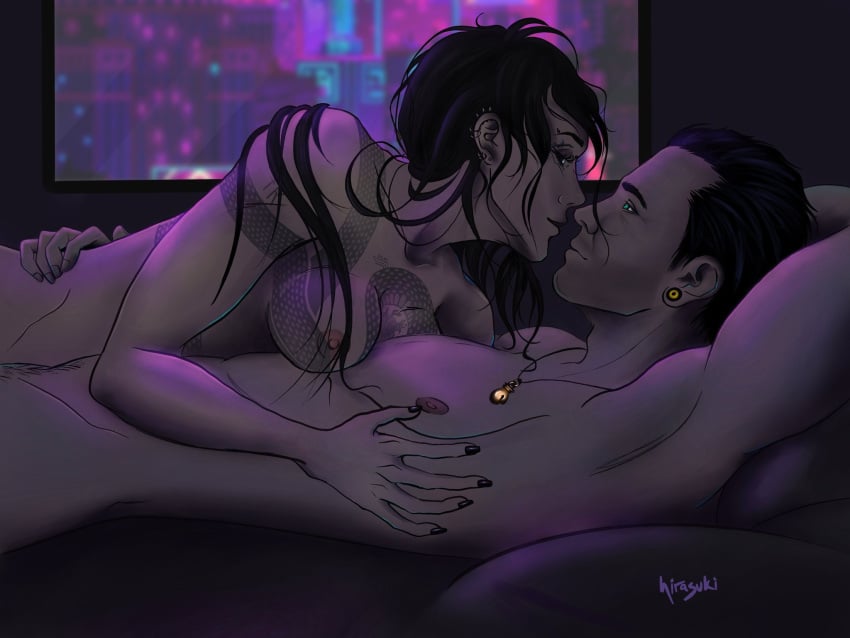 1boy1girl 2021 adult arm_behind_head bed bedroom bedsheets black_hair breasts breasts_out cd_projekt_red cyberpunk_2077 earrings facial_hair female hand_on_chest hirasuki2 laying_on_back laying_on_bed laying_on_stomach light-skinned_female light-skinned_male light_skin long_hair looking_at_another looking_at_partner looking_pleasured male male/female naked naked_female naked_male necklace nipples nude nude_female nude_male painted_fingernails painted_nails pillow pubic_hair tattoo tattoos v_(cyberpunk_2077) viktor_vektor window