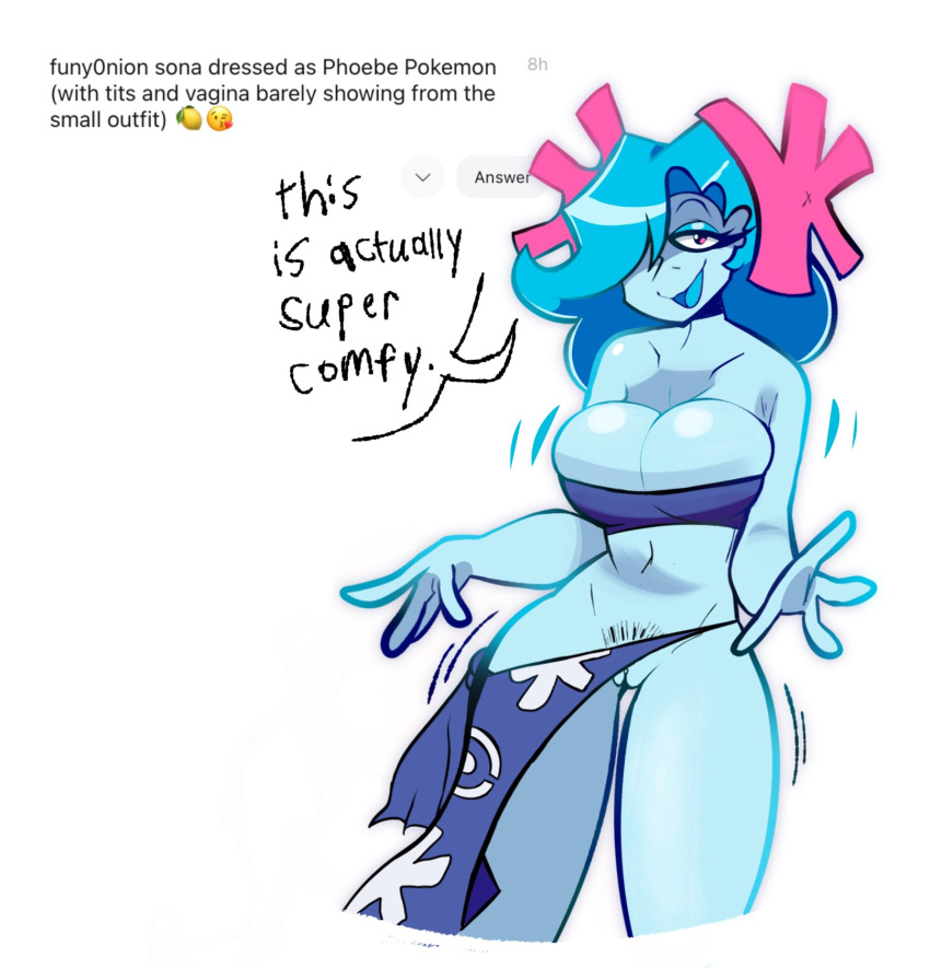 (cosplay) 0nion_(funy0nion) 1girls blue_hair blue_skin breasts elite_four elite_four_(cosplay) funy0nion oc phoebe_(pokemon)_(cosplay) pubic_hair red_eyes sarong vagina