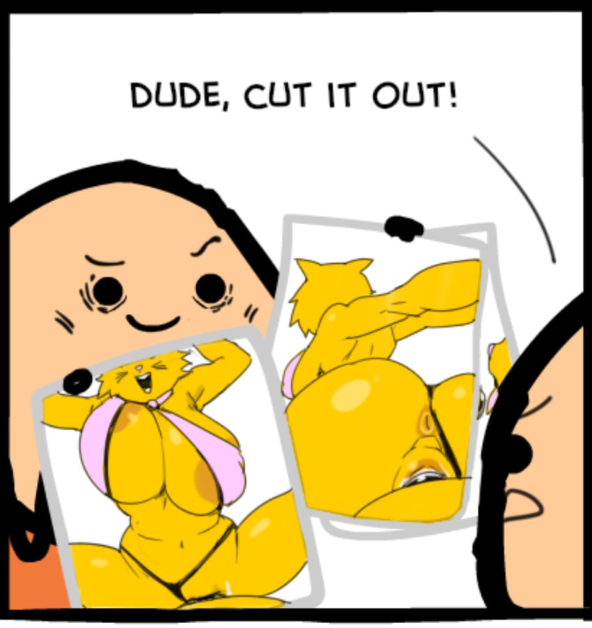 artwork_(digital) ass_view back_view big_breasts black_arms black_eyes black_thong bouncing_breasts cat_ears cat_girl cyanide_and_happiness female front_view funny half_naked legs_apart mad male mouth_open onlineworms orange_anus orange_areola orange_fur orange_shirt penis_in_pussy pink_clothing raised_eyebrows revealing_clothes sketch talking_to_partner tongue_out whiskers