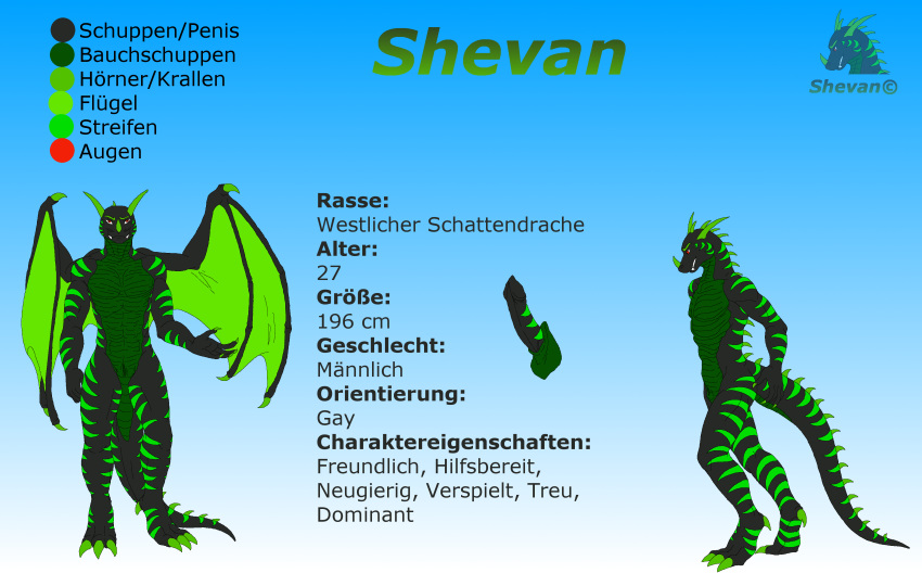 1boy absurd_res animal_genitalia anthro dragon erection genital_slit german_text hi_res horn male male_only model_sheet nude penis red_eyes scalie shadow_dragon shevan shevan_schwarzsuppe slit solo text translated western_dragon wings