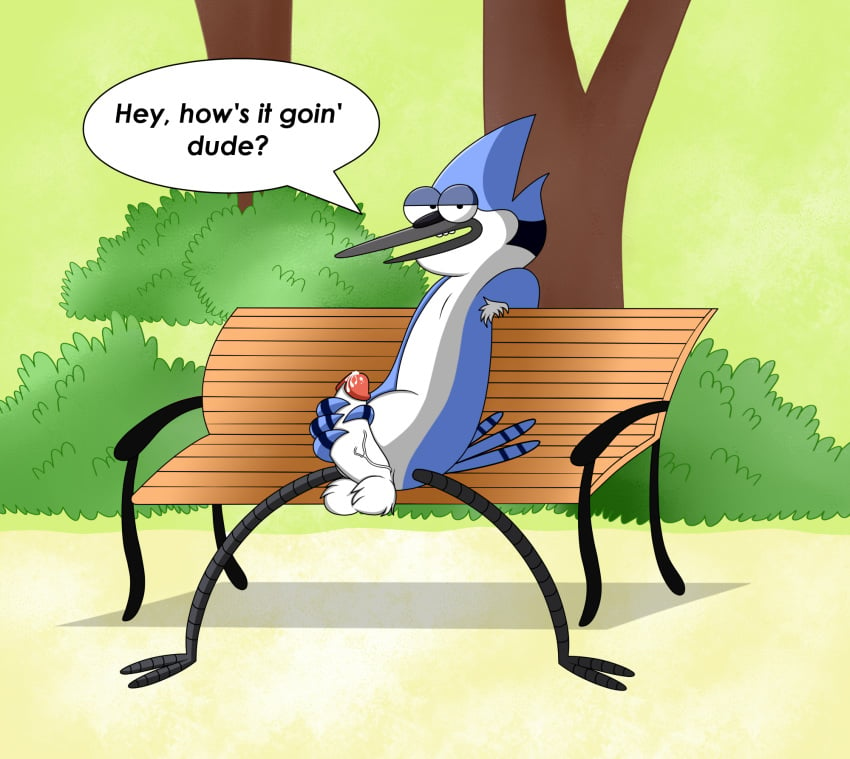 1boy ? anthro avian balls beak bench bird cartoon_network cum dialogue english_text erection exhibitionism feathers humanoid_penis looking_at_viewer male male_only martianboom masturbation mordecai orgasm outside park penis public public_nudity question regular_show sitting smile solo spread_legs spreading text