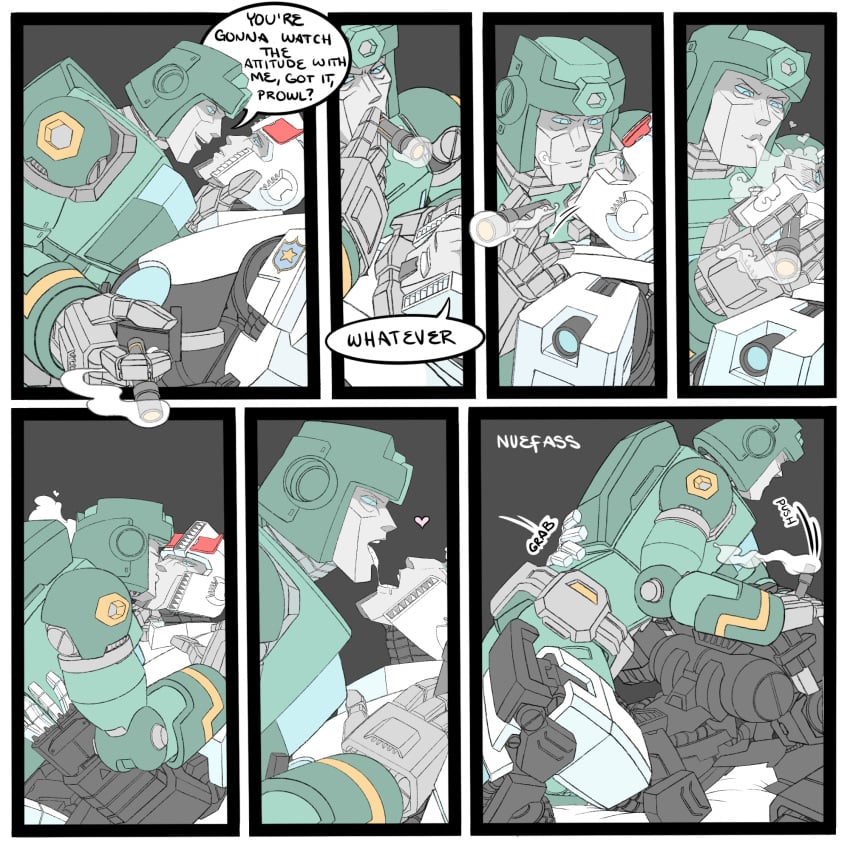 2boys alien alien_humanoid badge blowing_smoke blue_eyes brat brat_taming cigar comic commission cop cygar dialogue drooling_tongue eye_contact fuck_me_eyes grabbing grabbing_face hermaphrodite kissing kup_(transformers) nuefass police prowl_(transformers) pushing pushing_down robot robot_alien robot_humanoid simple_background simple_coloring smoke smoking spit transformers transformers_idw yaoi