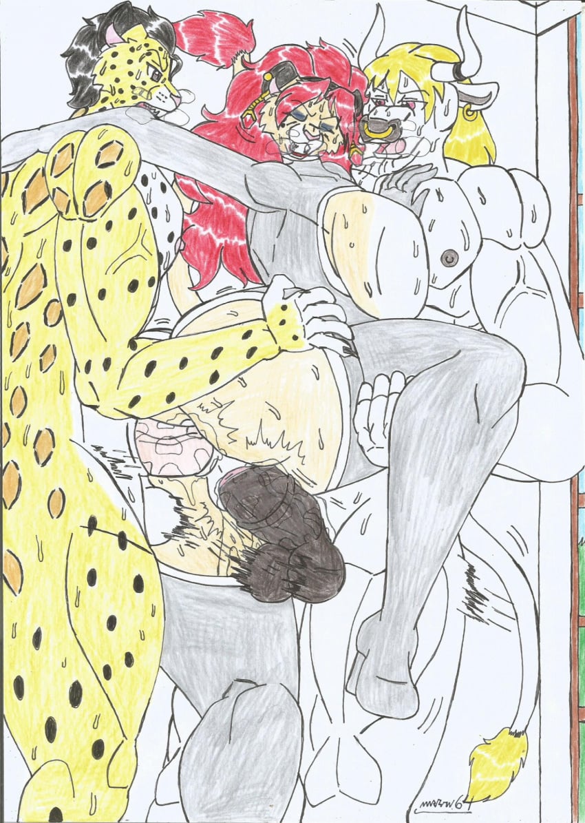 1girl2boys anal_juice anal_sex anthro beige_fur big_ass big_breasts big_butt big_penis black_hair blonde-haired_male bodily_fluids bodysuit bouncing_balls bouncing_testicles breath_cloud brown_eyes brown_nipples brown_nose brown_penis bull closed_eyes double_penetration earrings exposed_ass exposed_breasts exposed_pussy eyeshadow frizzy_hair furry_only ginger_female ginger_hair grabbing_ass hairbow high_heels horse_penis horsecock jessy_biter_(waifuland) leopard lion_girl lioness living_room marlon64 modified_costume muscular_anthro muscular_male naked_male purple_eyes pussy_juice red_fur red_hair red_lipstick sex_face spotted_body spotted_fur standing_sex sweat taur threesome traditional_drawing_(artwork) vaginal_sex waifuland white_body white_fur yellow_body