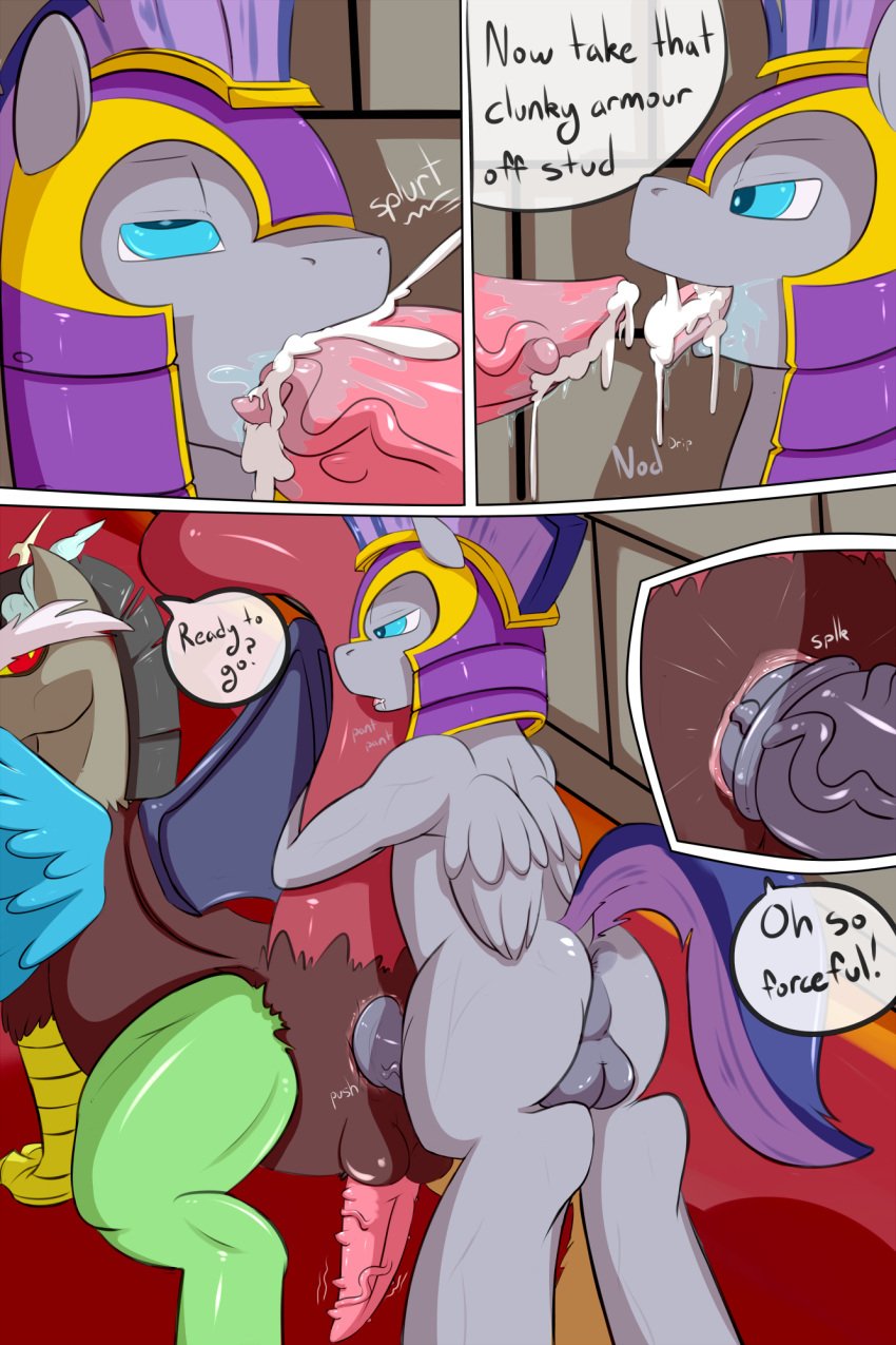 anal anal_sex animal_genitalia backsack balls bolt_striker comic cum cum_in_mouth cum_inside discord_(mlp) draconequus duo equine feral friendship_is_magic gay horsecock male mammal my_little_pony oral pegasus penetration penis saurian_(artist) sex size_difference small_dom_big_sub wings