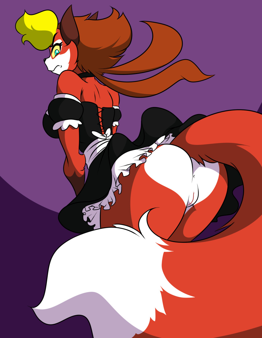 anthro ass blonde_hair breasts brown_hair cainesart canine carmesi female fluffy_tail fox frown fur furry green_eyes hair las_lindas looking_back maid maid_uniform mammal pussy red_fur sideboob skirt solo underwear upskirt white_fur