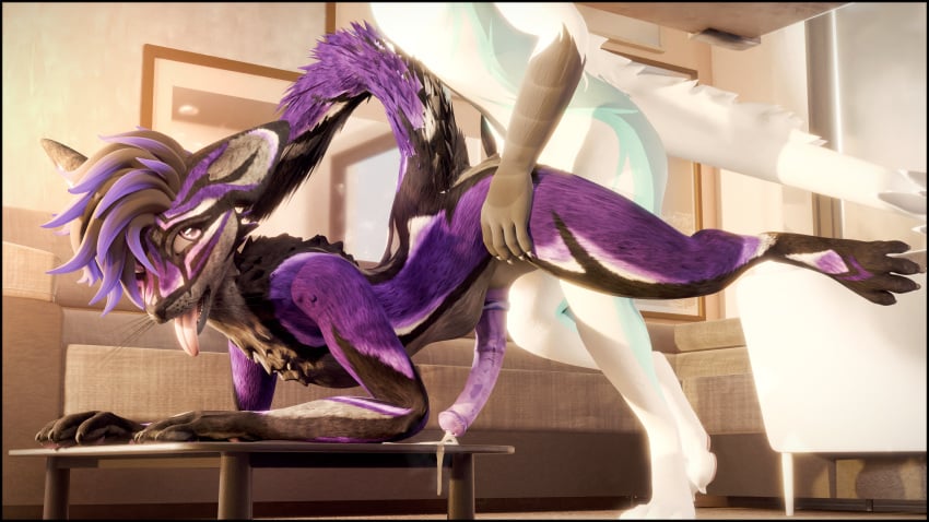 3d_(artwork) absurd_res anal anal_sex animal_genitalia animal_penis anthro anthro_on_anthro anthro_penetrated anthro_penetrating anthro_penetrating_anthro ass black_body black_border black_fur blender_(artwork) blush bodily_fluids border canid canine clock clothing cum cum_drip cum_in_ass cum_inside digital_media_(artwork) dripping duo equine_genitalia equine_penis erection fox fur furniture genital_fluids genitals hi_res lill_esp looking_at_another looking_pleasured lying lying_on_table male male/male male_penetrated male_penetrating male_penetrating_male mammal multicolored_body multicolored_fur nude on_table open_mouth paws penetration penile penis piercing purple_body purple_fur rexouium sex smile table tail tongue two_tone_body two_tone_fur watch
