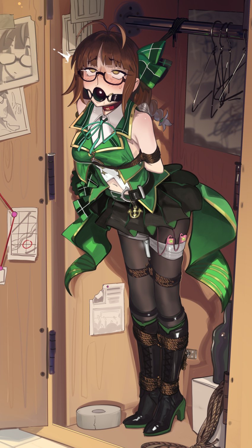 absurdres akizuki_ritsuko antenna_hair arms_behind_back ball_gag bare_shoulders belt black_boots black_pantyhose black_skirt bondage bondage boots bound bound_ankles bound_arms bound_thighs braid breasts brown_eyes brown_hair cad_(caddo) closet clothes_hanger collar collared_shirt commentary commission constricted_pupils english_commentary female female_orgasm full_body gag glasses green_belt green_ribbons green_shirt high_heel_boots high_heels highres idolmaster idolmaster_(classic) indoors lace-up_boots navel neck_ribbon orgasm overskirt pantyhose red_collar restrained ribbon rolling_eyes saliva second-party_source semi-rimless_eyewear sex_toy shirt skirt sleeveless sleeveless_shirt solo standing sweatdrop tape under-rim_eyewear vibrator vibrator_cord vibrator_under_clothes